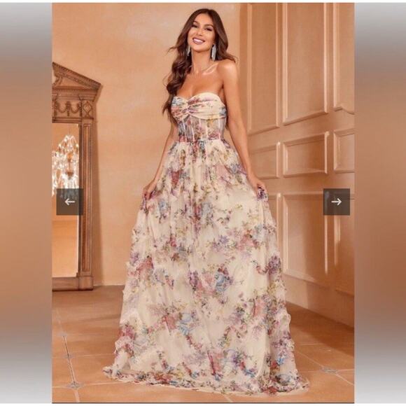Faeriesty‎ Ruched Bustier Ruffle Trim Hem Floral Print Tube Corset Zip Dress 2XL - Picture 1 of 10